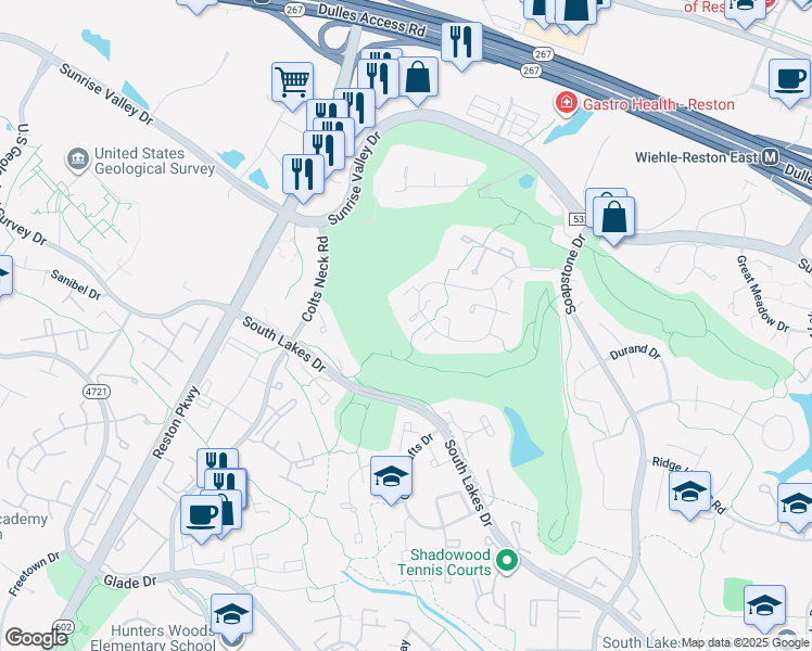 map of restaurants, bars, coffee shops, grocery stores, and more near 2156 Golf Course Drive in Reston