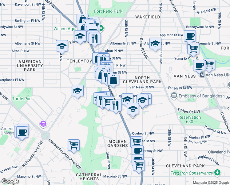 map of restaurants, bars, coffee shops, grocery stores, and more near 4105 Wisconsin Avenue Northwest in Washington
