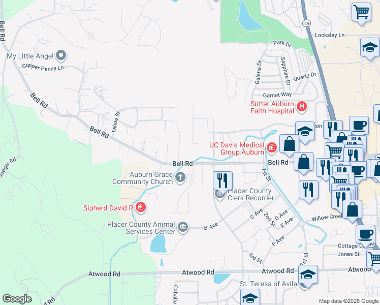 map of restaurants, bars, coffee shops, grocery stores, and more near 3400 Bell Road in Auburn