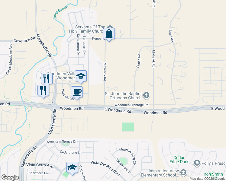 map of restaurants, bars, coffee shops, grocery stores, and more near 7615 Maverick Road in Colorado Springs
