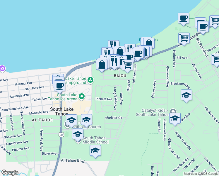 map of restaurants, bars, coffee shops, grocery stores, and more near 3347 Deer Park Avenue in South Lake Tahoe
