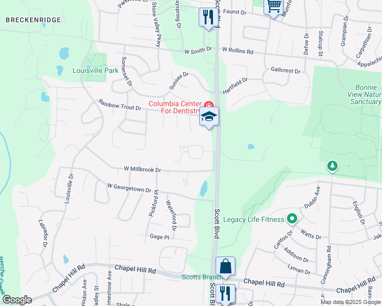 map of restaurants, bars, coffee shops, grocery stores, and more near 4404 Ludwick Boulevard in Columbia