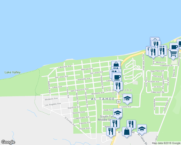 map of restaurants, bars, coffee shops, grocery stores, and more near 887 San Jose Avenue in South Lake Tahoe