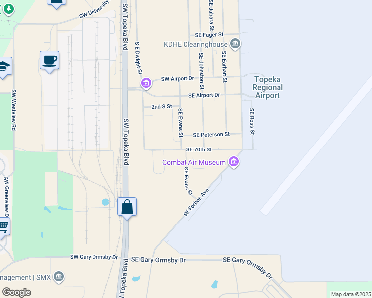 map of restaurants, bars, coffee shops, grocery stores, and more near E Street in Topeka