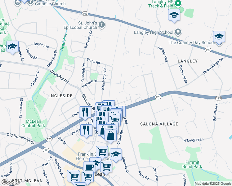 map of restaurants, bars, coffee shops, grocery stores, and more near 6638 Langdon Court in McLean