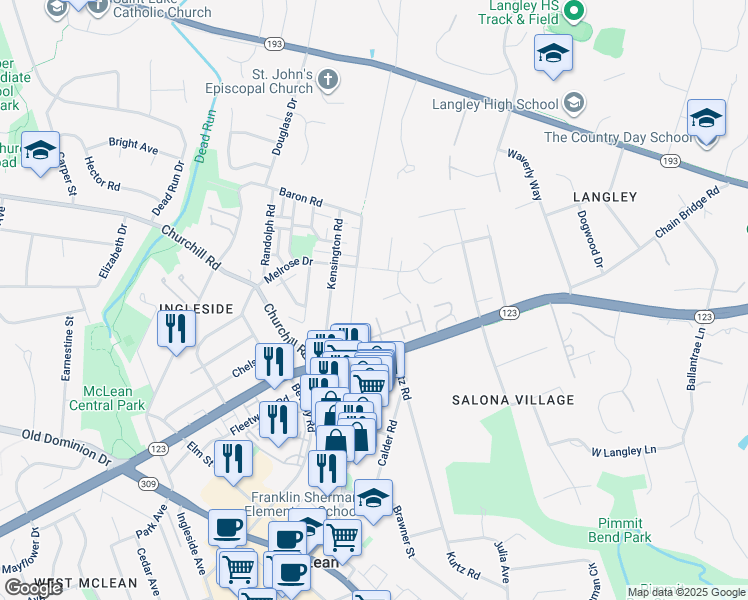 map of restaurants, bars, coffee shops, grocery stores, and more near 6638 Langdon Court in McLean