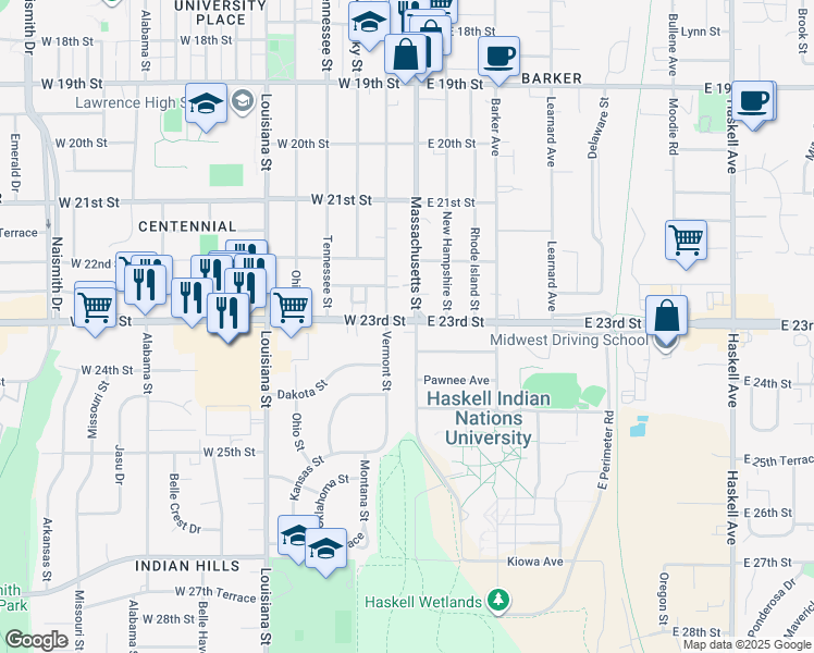 map of restaurants, bars, coffee shops, grocery stores, and more near 2301 Massachusetts Street in Lawrence