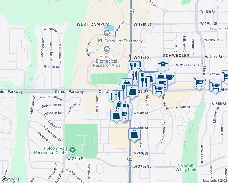 map of restaurants, bars, coffee shops, grocery stores, and more near 2245 Clinton Parkway in Lawrence