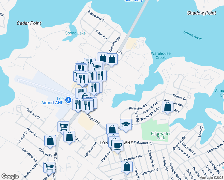 map of restaurants, bars, coffee shops, grocery stores, and more near 3019 Solomons Island Road in Edgewater