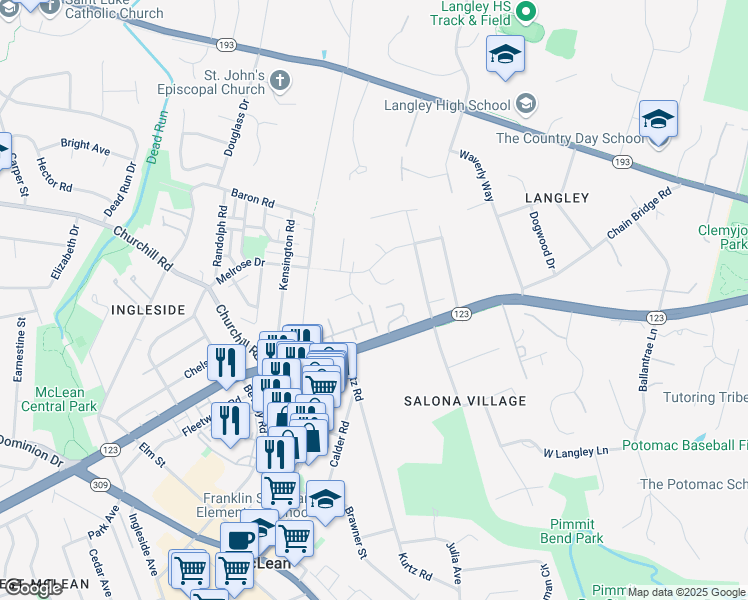 map of restaurants, bars, coffee shops, grocery stores, and more near 6619 Madison McLean Drive in McLean