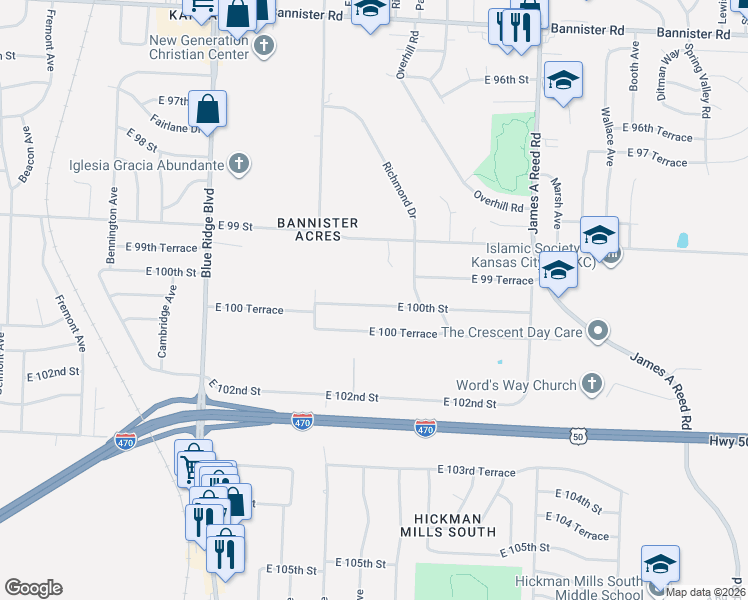 map of restaurants, bars, coffee shops, grocery stores, and more near 7600 East 100th Street in Kansas City