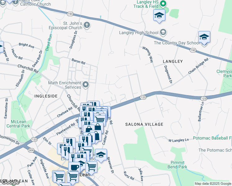 map of restaurants, bars, coffee shops, grocery stores, and more near 6619 Madison McLean Drive in McLean
