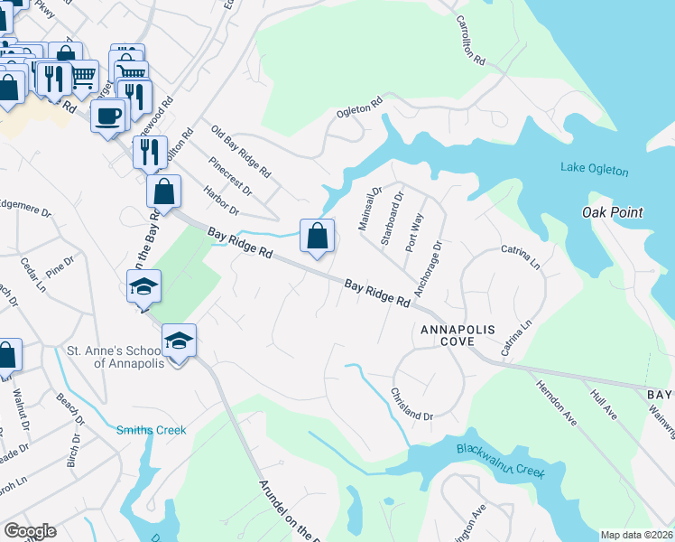 map of restaurants, bars, coffee shops, grocery stores, and more near 1132 Bay Ridge Road in Annapolis