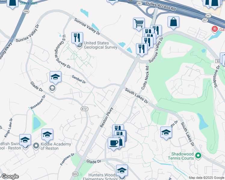 map of restaurants, bars, coffee shops, grocery stores, and more near 2228 Southgate Square in Reston
