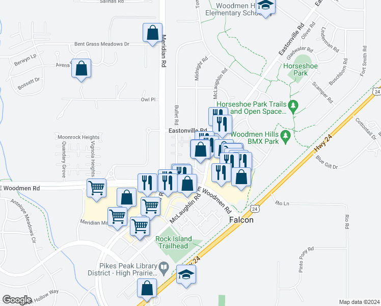 map of restaurants, bars, coffee shops, grocery stores, and more near 11926 Rodez Grove in Peyton