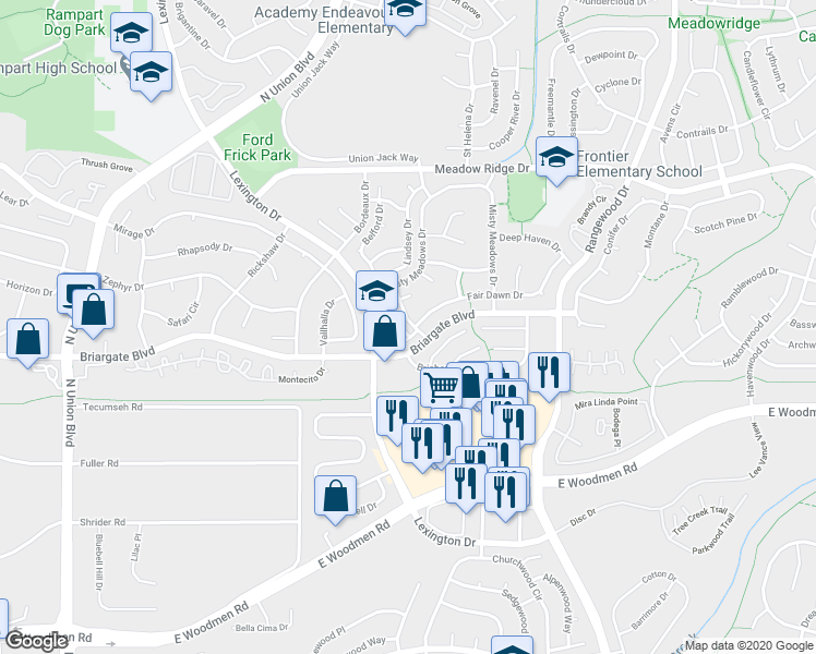 map of restaurants, bars, coffee shops, grocery stores, and more near 7620 Clover Hill Drive in Colorado Springs