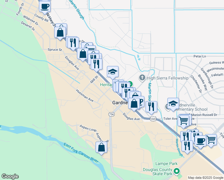 map of restaurants, bars, coffee shops, grocery stores, and more near 1466 U.S. 395 in Gardnerville