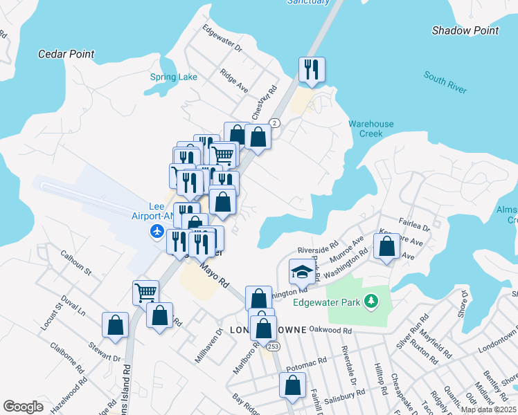 map of restaurants, bars, coffee shops, grocery stores, and more near 3019 Solomons Island Road in Edgewater