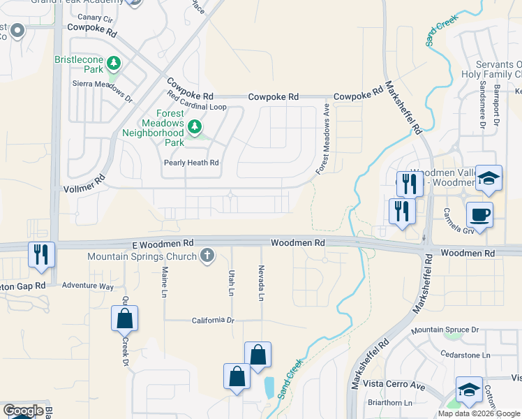 map of restaurants, bars, coffee shops, grocery stores, and more near Forrest Meadows Avenue in Colorado Springs