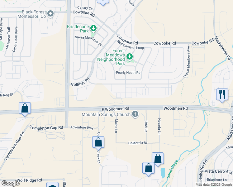 map of restaurants, bars, coffee shops, grocery stores, and more near 7110 Forest Meadows Avenue in Colorado Springs