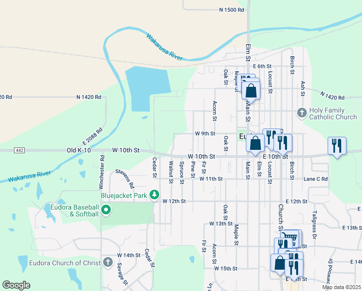 map of restaurants, bars, coffee shops, grocery stores, and more near 924 Walnut Street in Eudora