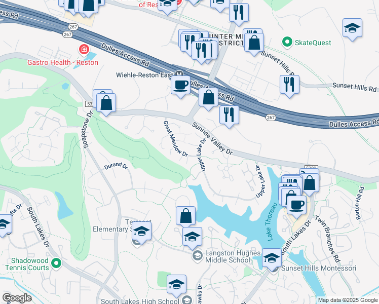 map of restaurants, bars, coffee shops, grocery stores, and more near 11404 Great Meadow Drive in Reston