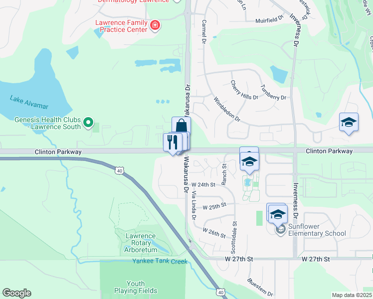 map of restaurants, bars, coffee shops, grocery stores, and more near Wakarusa Dr & Clinton Pkwy in Lawrence