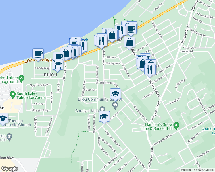 map of restaurants, bars, coffee shops, grocery stores, and more near 1129 Herbert Avenue in South Lake Tahoe