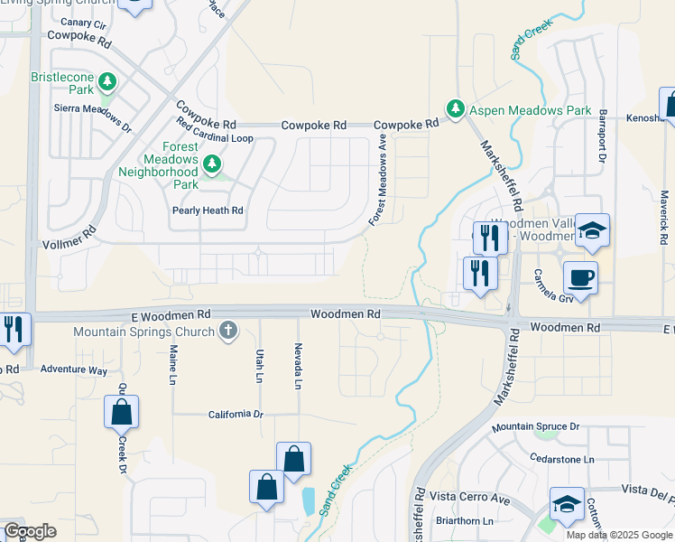 map of restaurants, bars, coffee shops, grocery stores, and more near 8336 Hardwood Circle in Colorado Springs