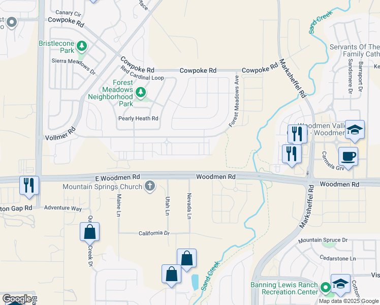 map of restaurants, bars, coffee shops, grocery stores, and more near Forrest Meadows Avenue in Colorado Springs