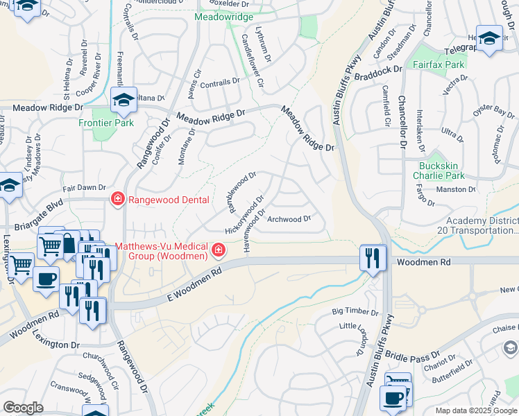map of restaurants, bars, coffee shops, grocery stores, and more near 4140 Limberwood Court in Colorado Springs