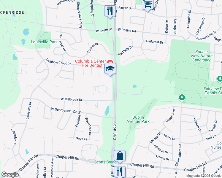 map of restaurants, bars, coffee shops, grocery stores, and more near 4305-4307 Ludwick Boulevard in Columbia