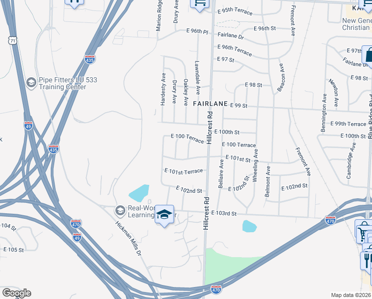 map of restaurants, bars, coffee shops, grocery stores, and more near 10003 Oakley Avenue in Kansas City