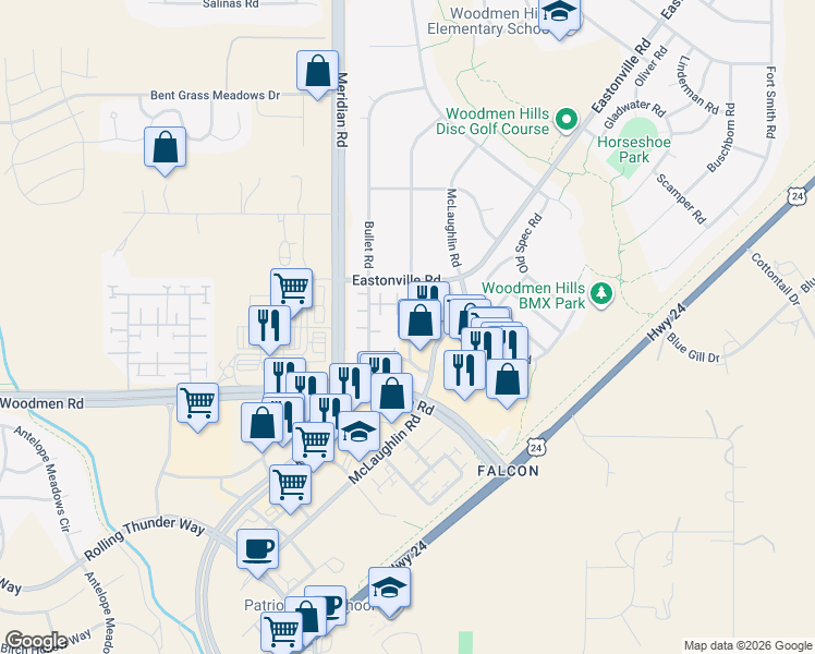 map of restaurants, bars, coffee shops, grocery stores, and more near 7616 Sniktau Point in Peyton