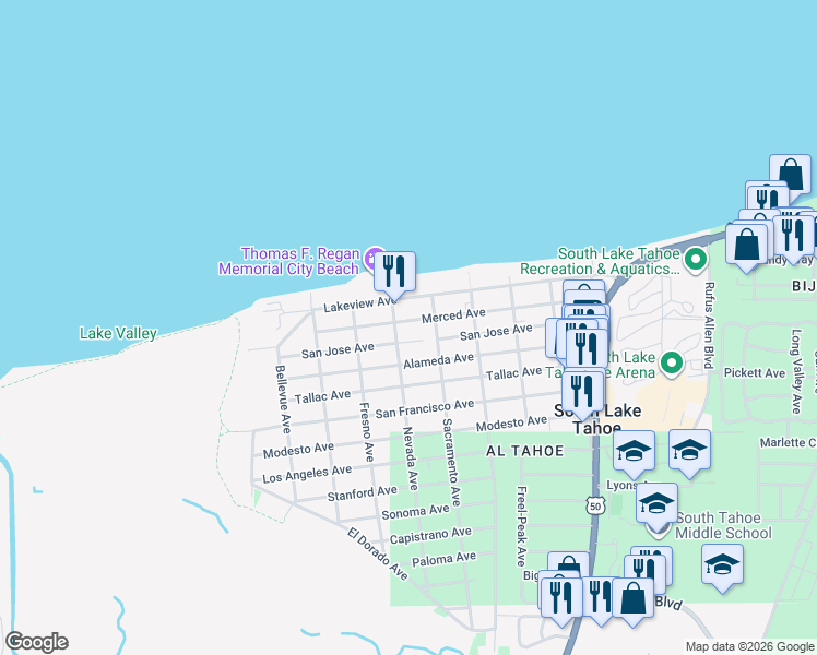 map of restaurants, bars, coffee shops, grocery stores, and more near 3170 Nevada Avenue in South Lake Tahoe