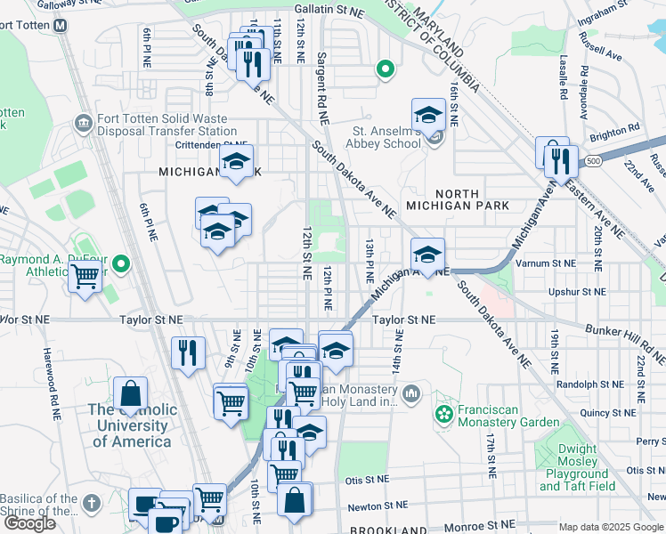 map of restaurants, bars, coffee shops, grocery stores, and more near 1217 Varnum Street Northeast in Washington