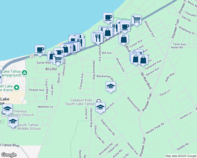 map of restaurants, bars, coffee shops, grocery stores, and more near 1128 Herbert Avenue in South Lake Tahoe