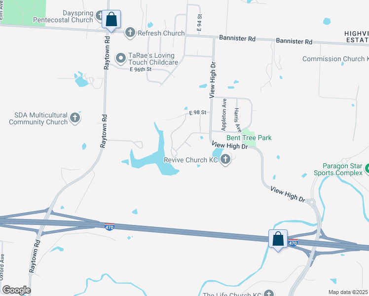 map of restaurants, bars, coffee shops, grocery stores, and more near 10601 East 98th Terrace in Kansas City