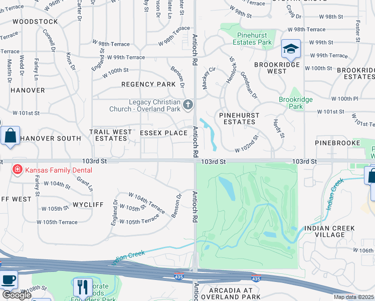 map of restaurants, bars, coffee shops, grocery stores, and more near 8805 West 102nd Place in Overland Park