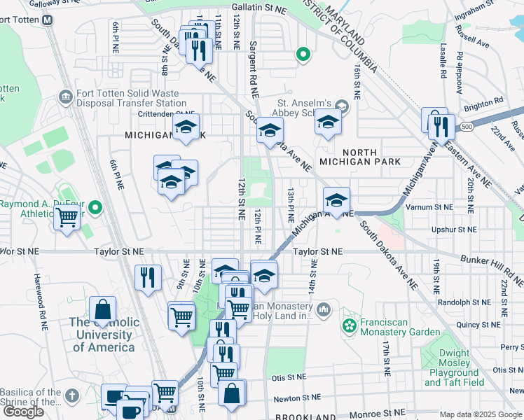 map of restaurants, bars, coffee shops, grocery stores, and more near 1217 Varnum Street Northeast in Washington