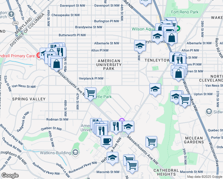 map of restaurants, bars, coffee shops, grocery stores, and more near 4500 Van Ness Street Northwest in Washington