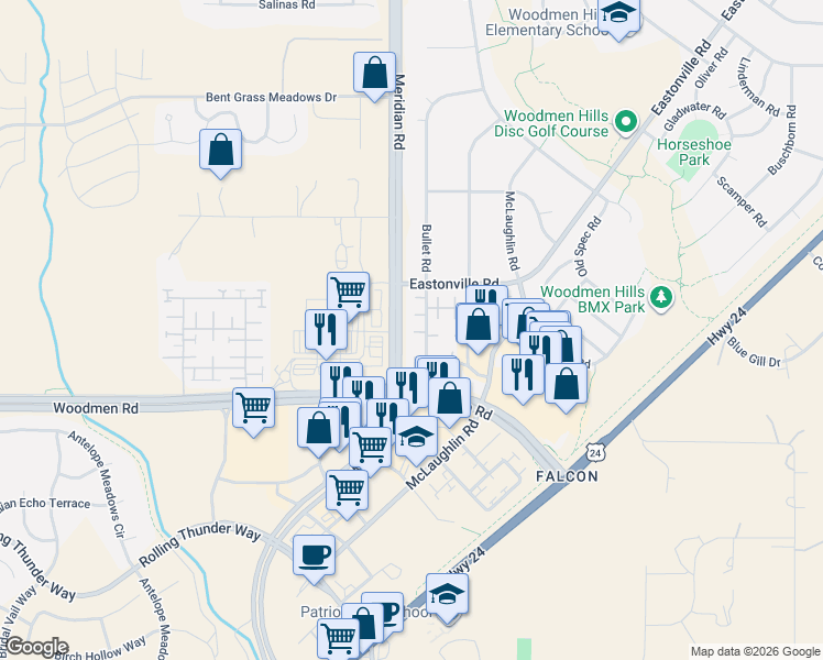 map of restaurants, bars, coffee shops, grocery stores, and more near 11808 Pei Grove in Peyton