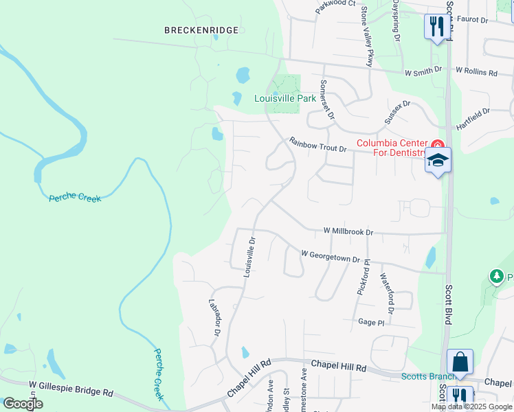 map of restaurants, bars, coffee shops, grocery stores, and more near 5108 Louisville Court in Columbia