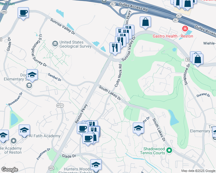 map of restaurants, bars, coffee shops, grocery stores, and more near 2055 Royal Fern Court in Reston