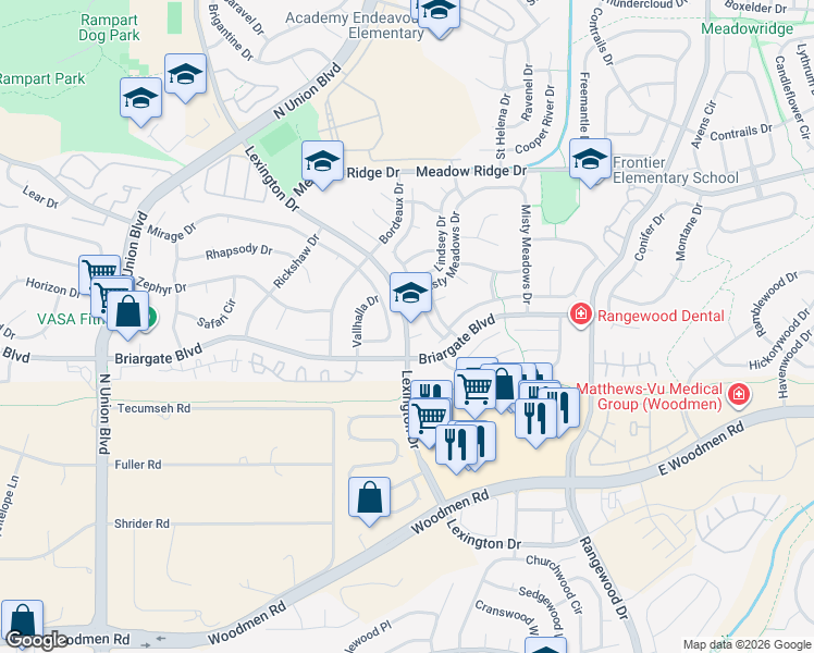 map of restaurants, bars, coffee shops, grocery stores, and more near 7675 Lexington Drive in Colorado Springs