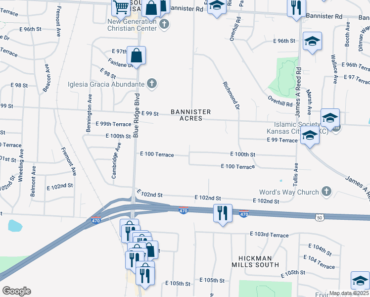 map of restaurants, bars, coffee shops, grocery stores, and more near 7300 East 100 Terrace in Kansas City