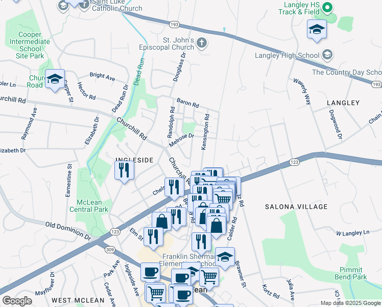 map of restaurants, bars, coffee shops, grocery stores, and more near Colonial Road in McLean