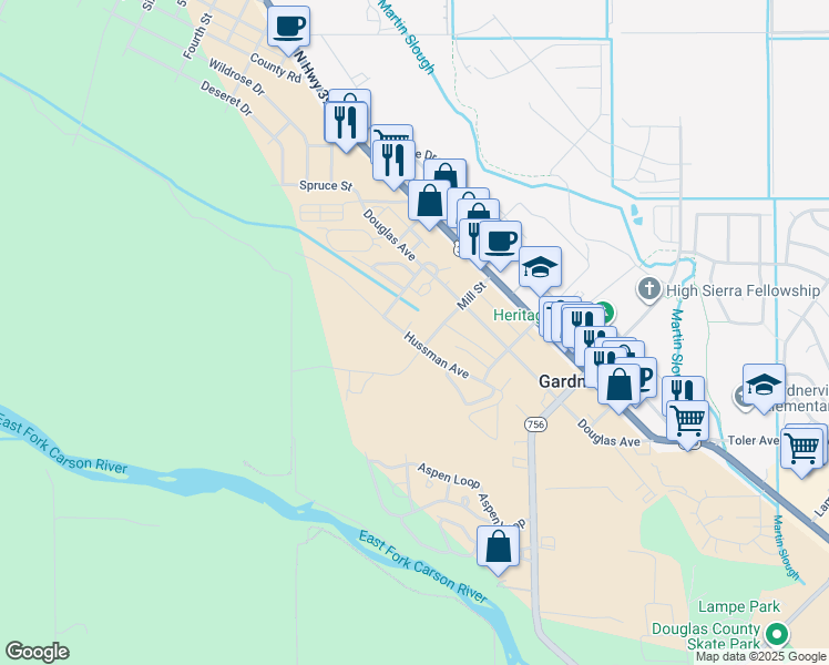map of restaurants, bars, coffee shops, grocery stores, and more near 1169 Meadow Court in Gardnerville