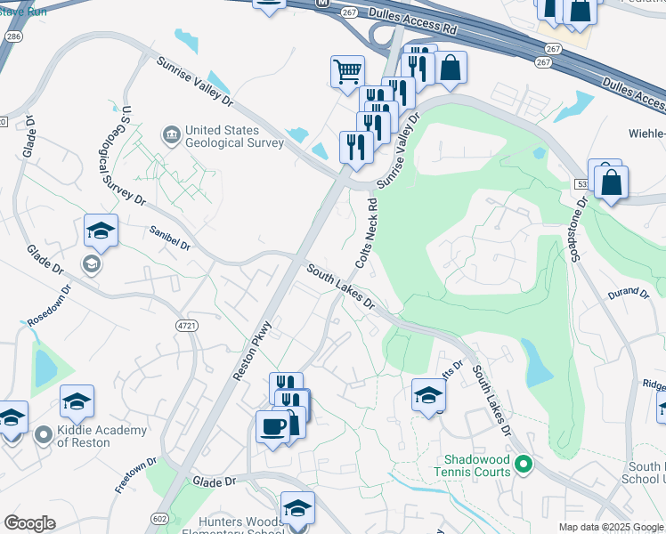 map of restaurants, bars, coffee shops, grocery stores, and more near 2055 Royal Fern Court in Reston