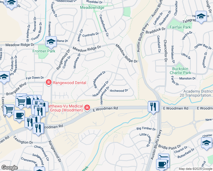 map of restaurants, bars, coffee shops, grocery stores, and more near 7655 Hickorywood Drive in Colorado Springs